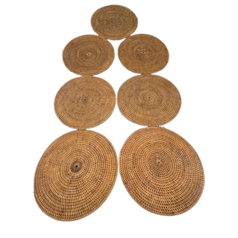 Set of 7 Wicker Placemats Brown Rattan Round Placemats 15